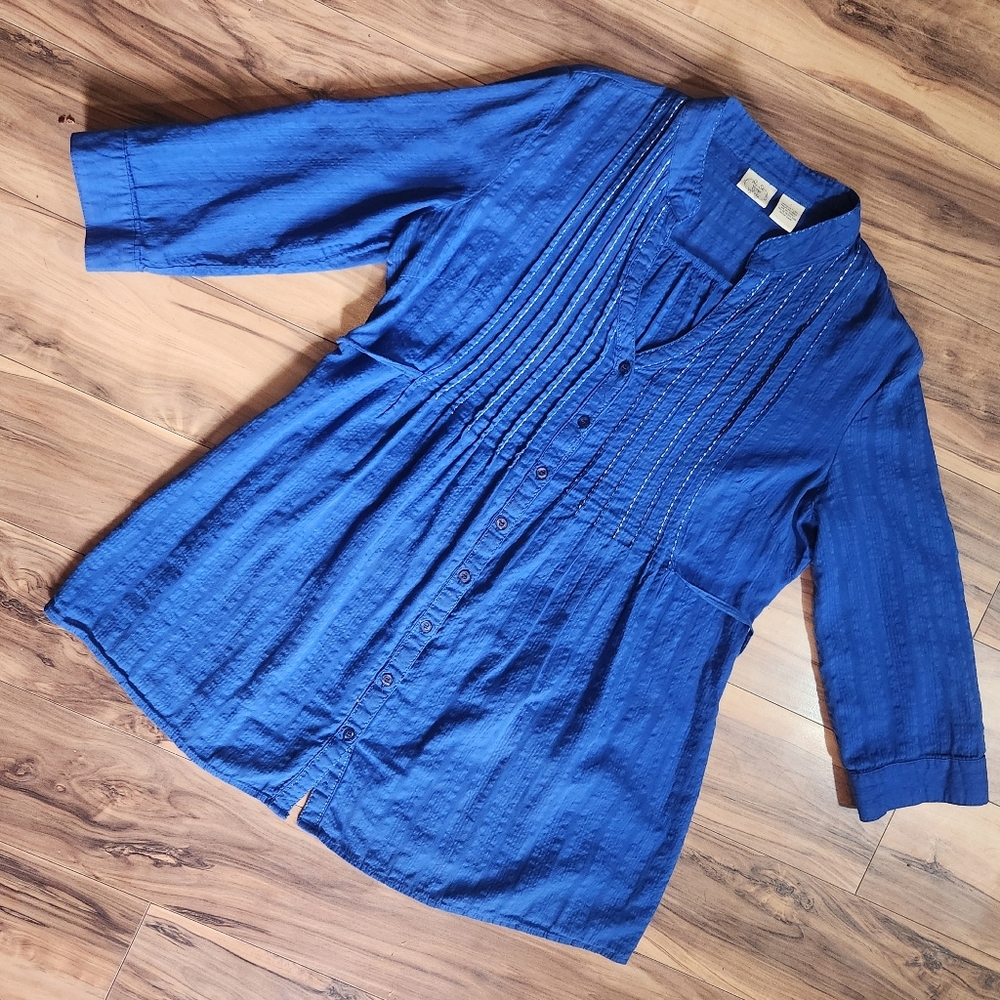 Vintage DCC Missy Blue Button Up Top with Waist Tie 100% Cotton Size L